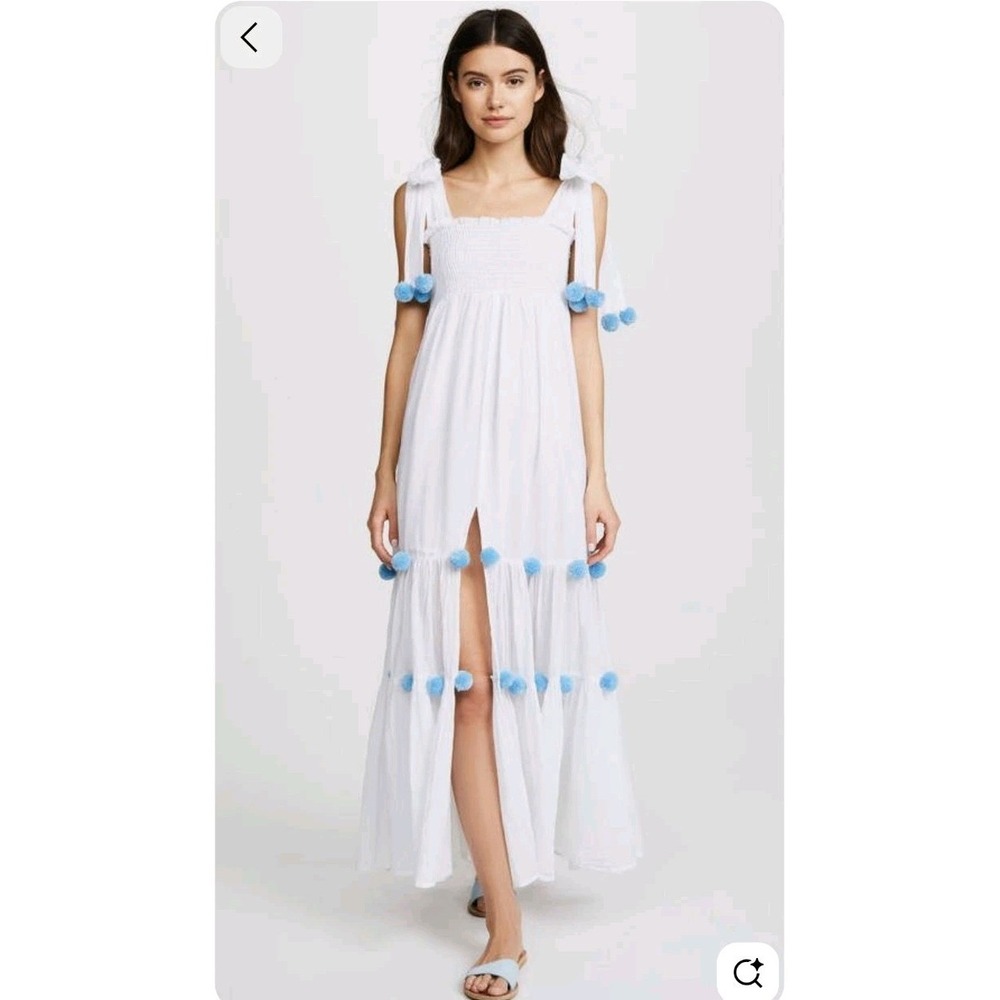 Sundress Pippa Dress Smocked Tiered White Blue PomPoms Ethereal Fairy Feminine